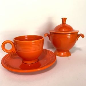 Vintage red fiesta teacup, saucer & sugar w/lid